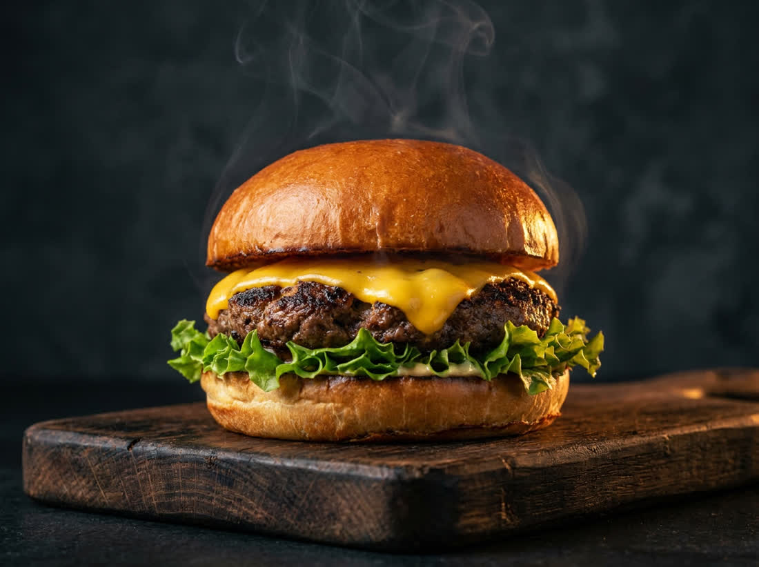 Halal cheeseburger with a seared beef patty at Affy's Brooklyn